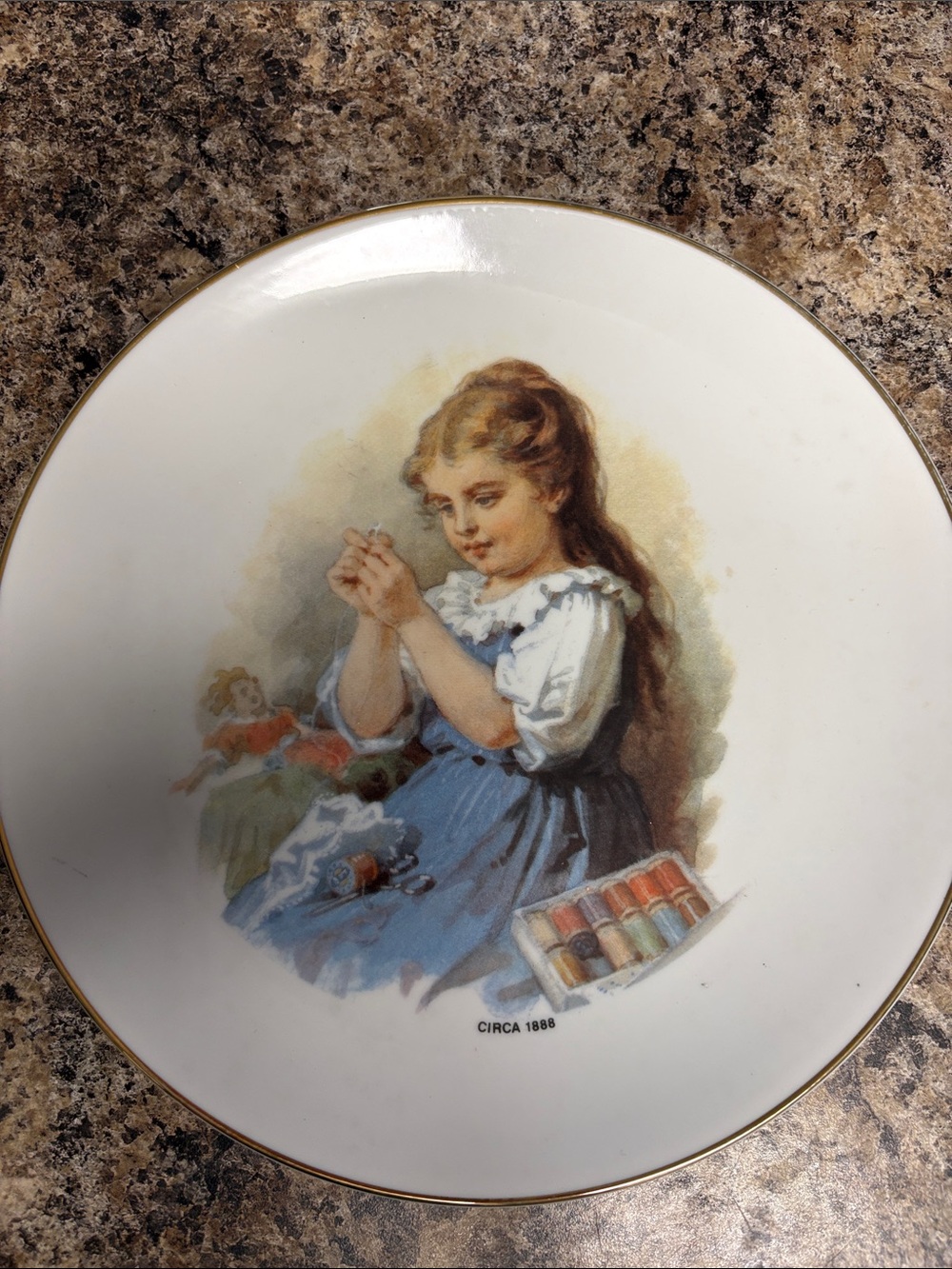 Porcelain Decorative Plate with Sewing Girl Motif — Blue